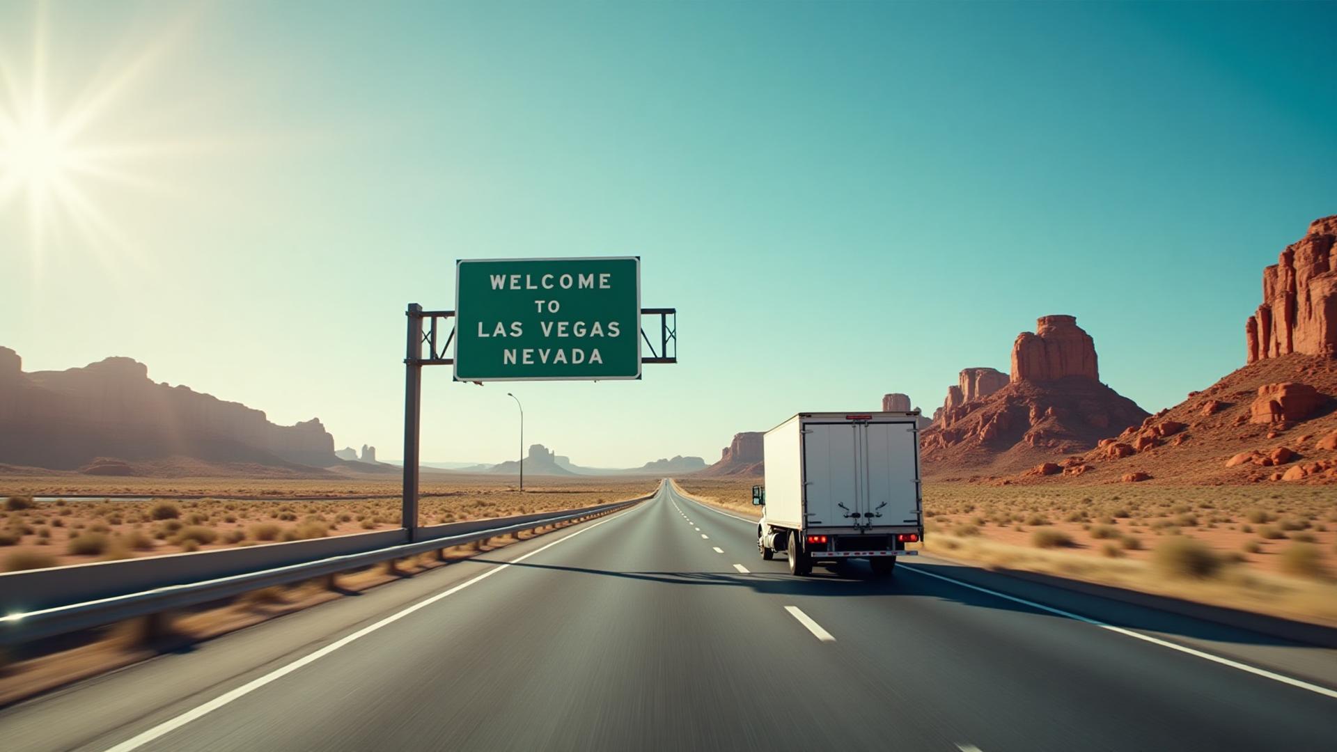Welcome to Las Vegas Nevada road sign with moving truck on desert highway
