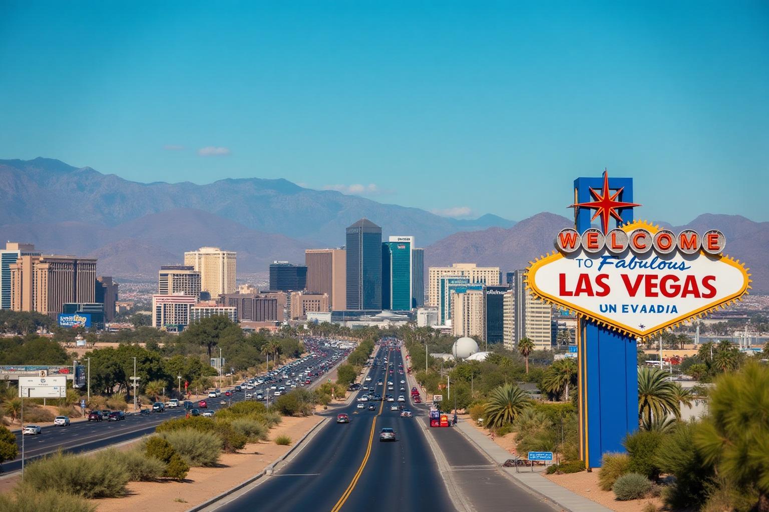 Welcome to Las Vegas sign with city skyline and mountains