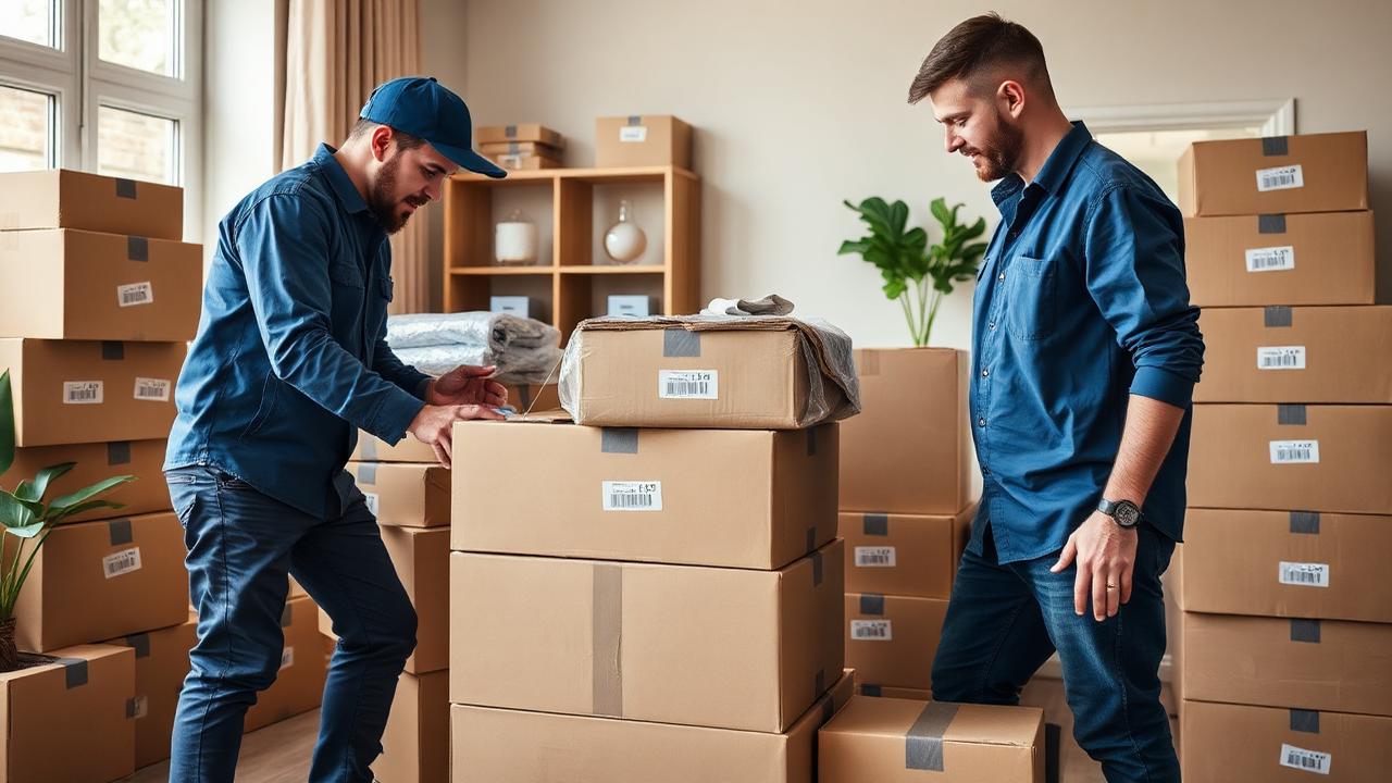 Professional movers packing boxes carefully
