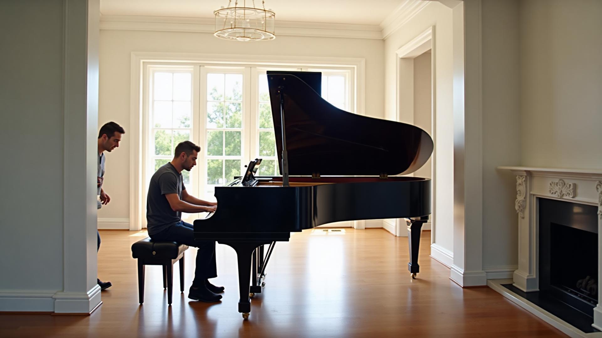 Professional movers carefully transporting grand piano in luxury Las Vegas home with protected floors