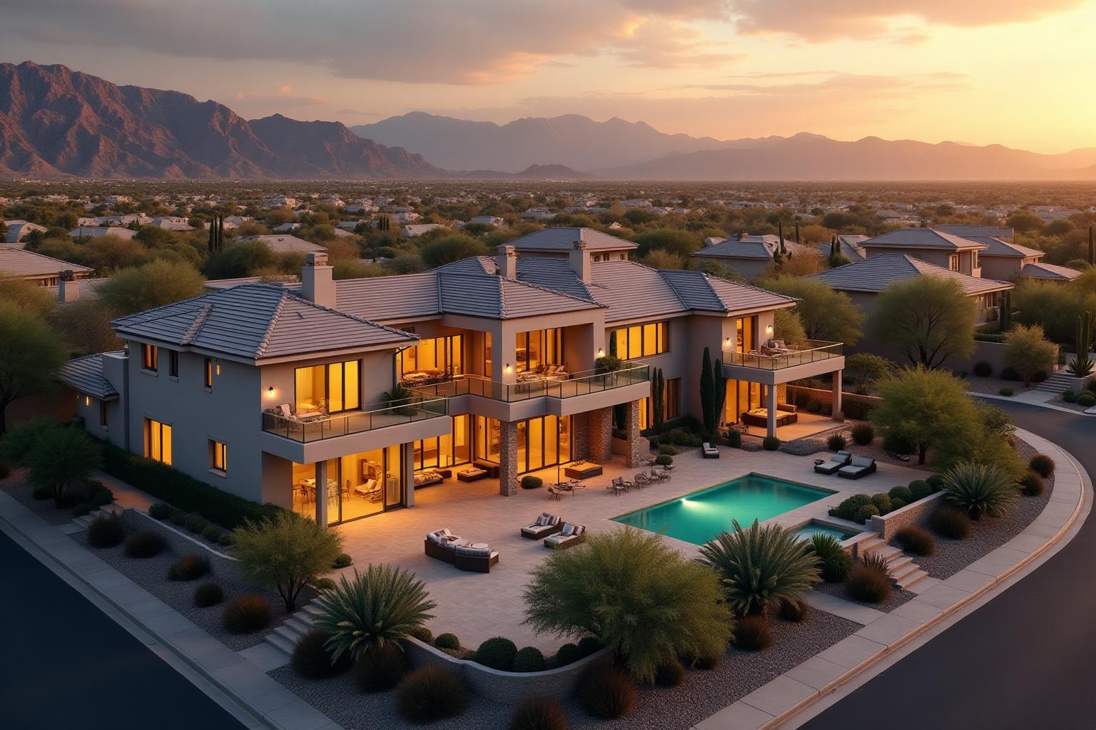 Luxury mansion in Las Vegas with mountain views at sunset